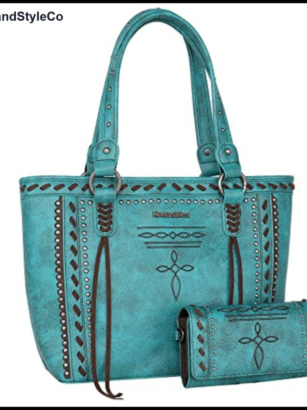 Vegan Leather Western Tote Bag & Wallet Set Studded Shoulder Handbag
